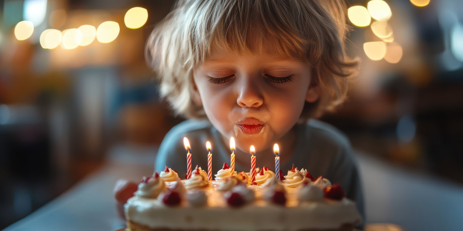 Child blows out candles on a birthday cake in a warm and festive setting